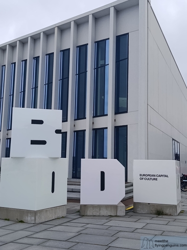 White BODØ letters in front of Stormen Library, European Capital of Culture