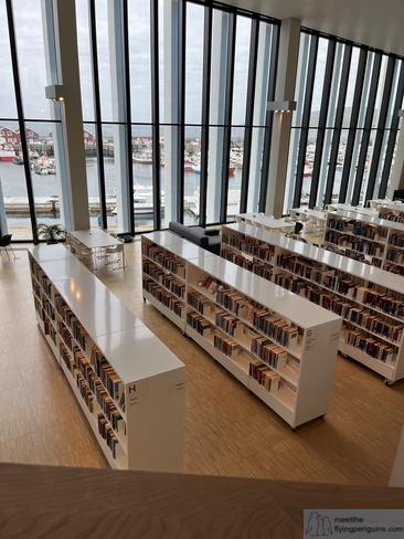 Bookshelves on the second floor of Stormen Library with the harbour in the background